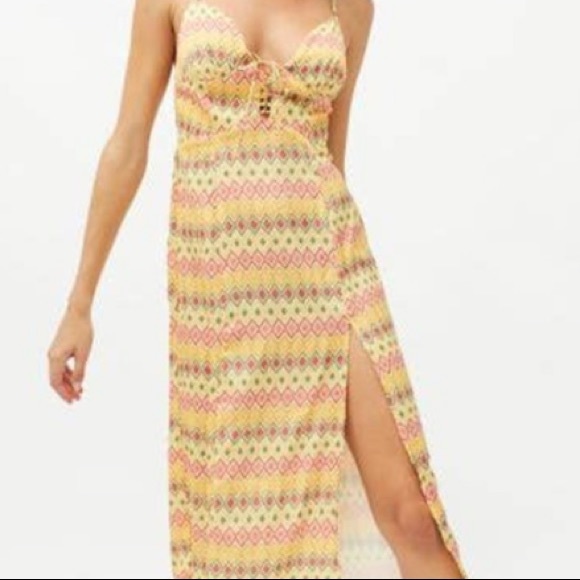 Yellow Printed Mariah Lace-Up Midi Slip Dress | Urban Outfitters | NWT - Picture 10 of 10